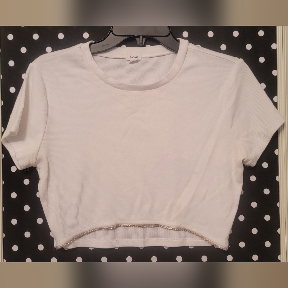 Garage White Ribbed Crop Top with Crystal Detail | Size XL